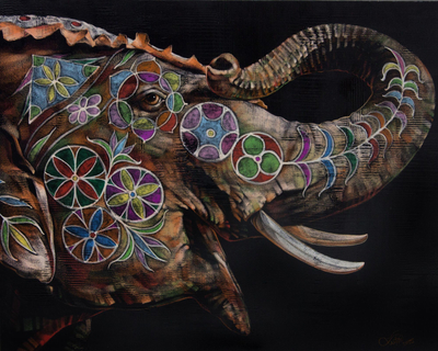 Original Signed Painting of Elephant in Acrylics and Pastel
