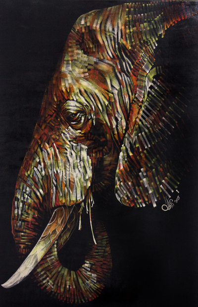 Original Signed Painting of Elephant in Acrylic and Pastel