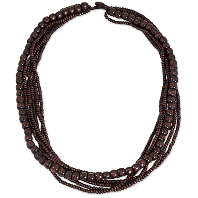 Thai Artisan Crafted Wood Bead Necklace in Dark Brown