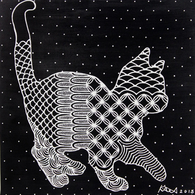 Black and White Original Acrylic Painting of Cat on Canvas