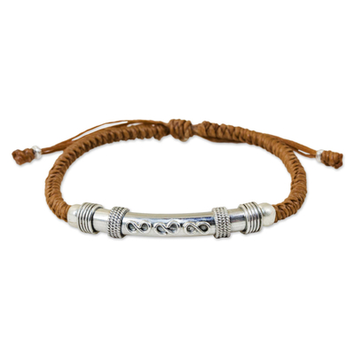 Unique Brown Macrame Bracelet with Sterling Silver Infinity Pendant