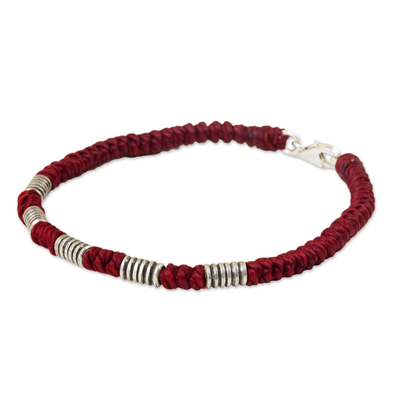 Red Cord Wristband Braided Bracelet with Silver Beads