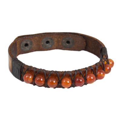 Hand Crafted Carnelian and Leather Band Bracelet
