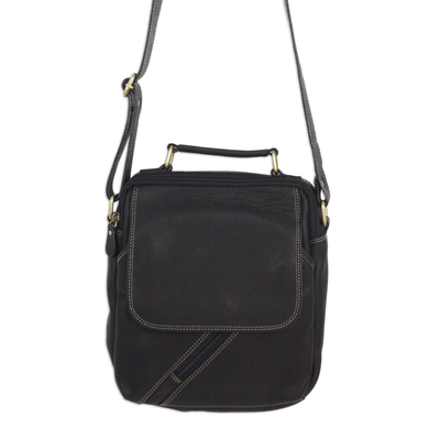 Fair Trade Thai Black Leather Handcrafted Shoulder Bag