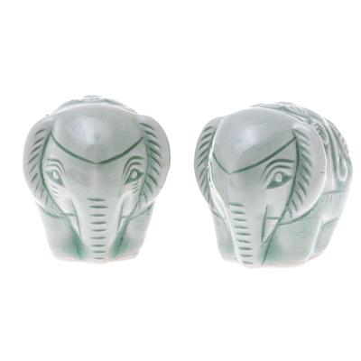 Pair of Handmade Thai Celadon Ceramic Elephant Figurines