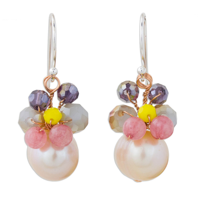 Pink Cultured Pearl Dangle Earrings with Butterfly Motif
