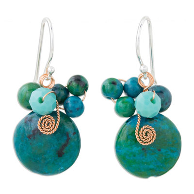 Teal Serpentine and Glass Bead Dangle Earrings with Copper