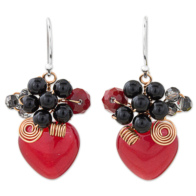 Heart Shaped Red Quartz Onyx and Glass Bead Dangle Earrings