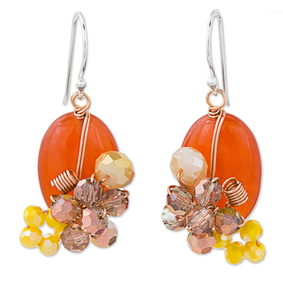 Orange Quartz and Glass Bead Dangle Earrings with Copper