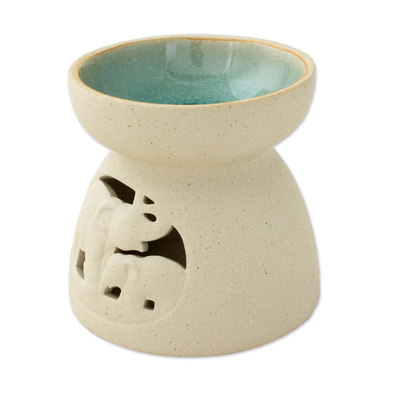Ceramic Oil Warmer with Elephant Carving from Thailand