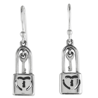 Sterling Silver Heart Lock Dangle Earrings from Thailand
