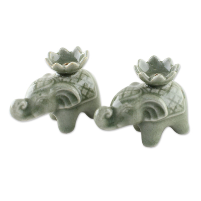 Elephant and Lotus Ceramic Incense Holders from Thailand (2)