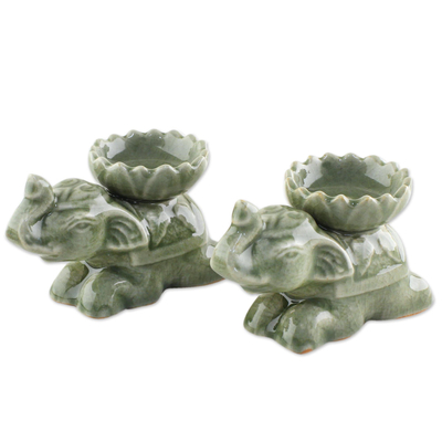 Green Ceramic Elephant Incense Holders (Pair)
