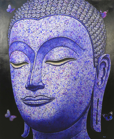 Thai Painting of Purple Sukhothai Buddha with Butterflies