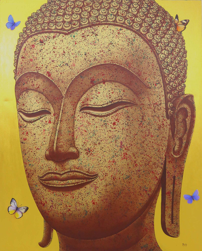 Thai Painting of Golden Sukhothai Buddha with Butterflies
