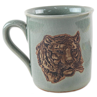 Hand Painted Celadon Ceramic Tiger Mug from Thailand