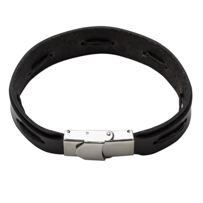 Hand Crafted Black Leather Wristband Bracelet from Thailand