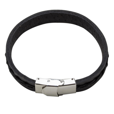 Simplistic Leather Wristband Bracelet in Black from Thailand