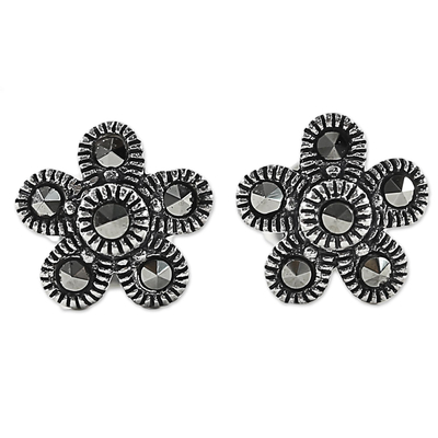 Sterling Silver and Marcasite Flower Stud Earrings