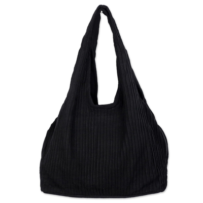 100% Cotton Textured Shoulder Bag in Black from Thailand