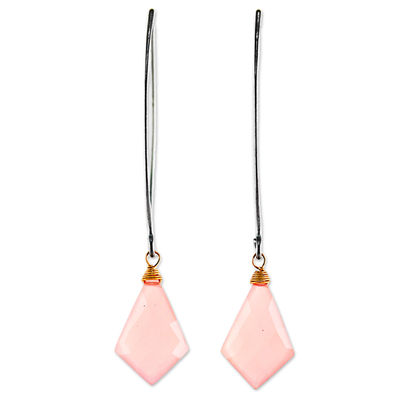 Long Pink Gold Accent Chalcedony Dangle Earrings Thailand
