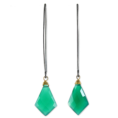 Gold Accent Teal Chalcedony Dangle Earrings from Thailand