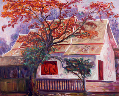 Signed Stretched Impressionist Painting of House and Tree