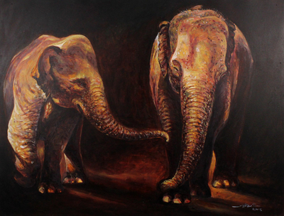 Signed Stretched Impressionist Painting of Two Elephants