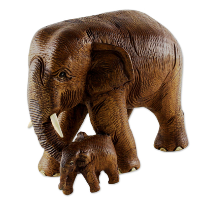 Brown Teak Wood Sculpture of Mother and Child Thai Elephants