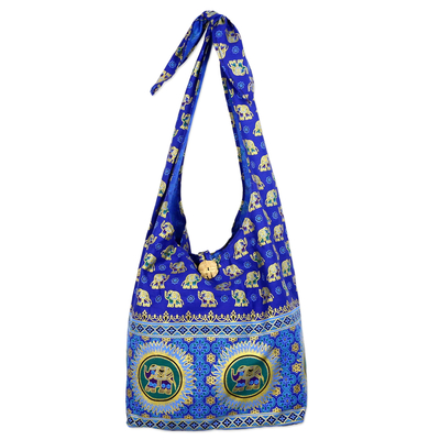 Handmade Blue Cotton Shoulder Bag with Elephant Motif