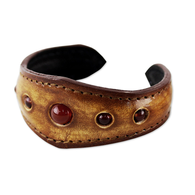 Carnelian Cuff Bracelet in Leather Handmade in Thailand