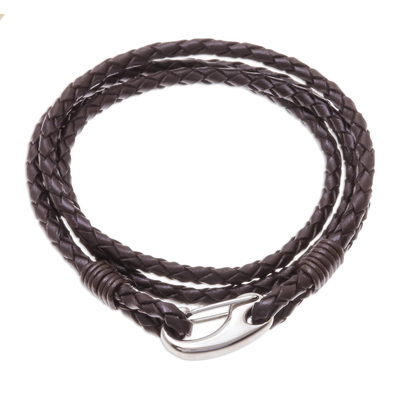 Braided Leather Artisan Crafted Stainless Steel Pendant Wrap Bracelet