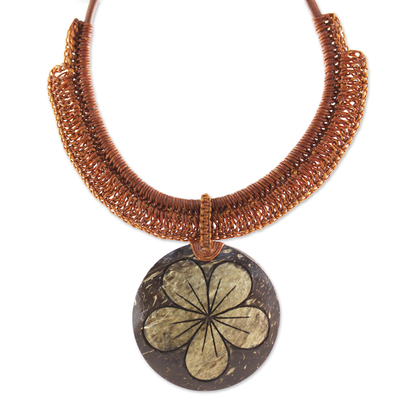 Thai Leather and Coconut Shell Floral Handmade Necklace
