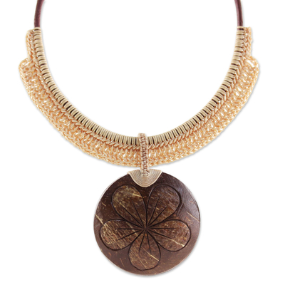 Beige Leather and Coconut Shell Floral Statement Necklace