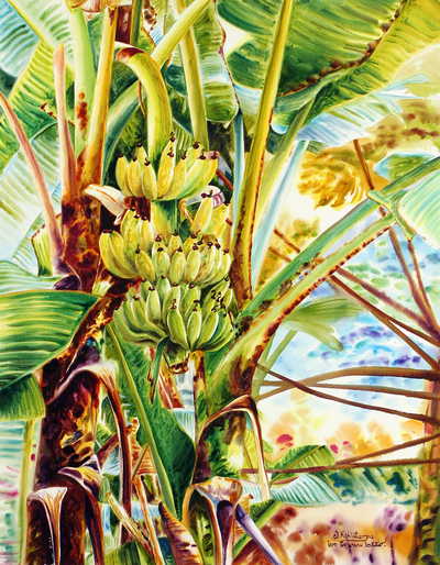 Signed Watercolor Realist Painting of Banana Trees