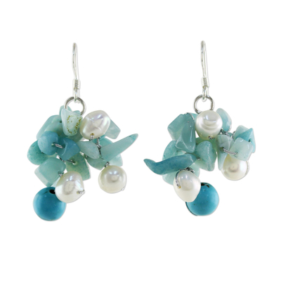 Beaded Cultured Pearl and Blue Quartz Earrings