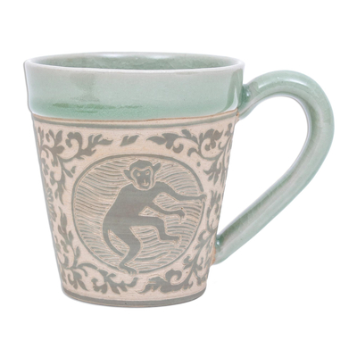 Celadon Glazed Ceramic Mug with Monkey from Thailand