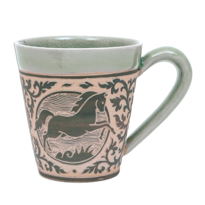 Celadon Glazed Ceramic Mug with Horse from Thailand