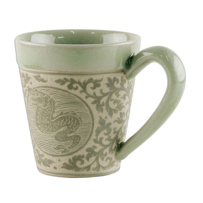 Celadon Glazed Ceramic Mug with Dragon from Thailand