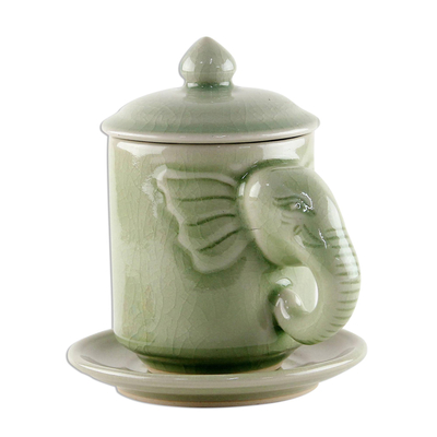 Celadon Ceramic Elephant Cup and Saucer from Thailand