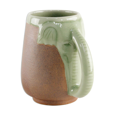 Ceramic Celadon Thai Elephant Mug in Green and Brown