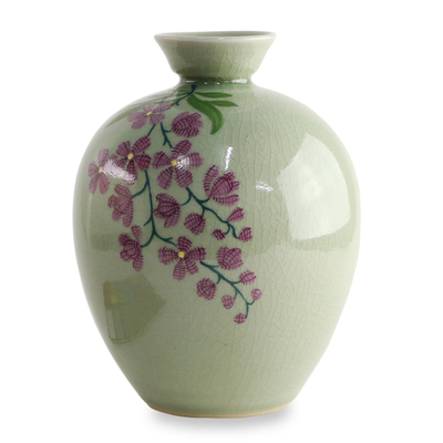 Hand Crafted Celadon Ceramic Floral Vase from Thailand