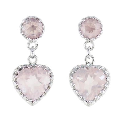 Rhodium Plated Rose Quartz Heart Earrings from Thailand