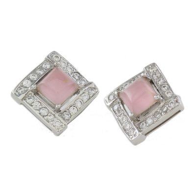 Rhodium Plated Rose Quartz Button Earrings from Thailand