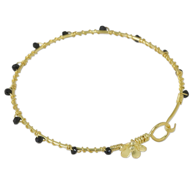 Gold Plated Onyx Floral Bangle Bracelet from Thailand
