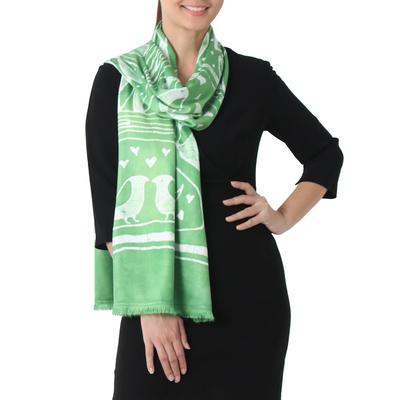 Batik Painted Bird Rayon Scarf in Lime from Thailand
