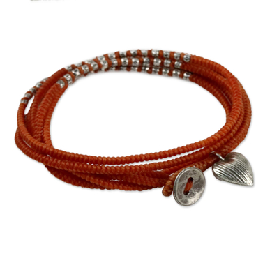 Hill Tribe Silver and Orange Cord Wrap Bracelet (21 Inches)