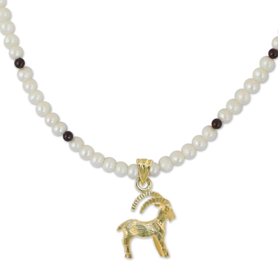Gold Plated Cultured Pearl and Garnet Capricorn Necklace