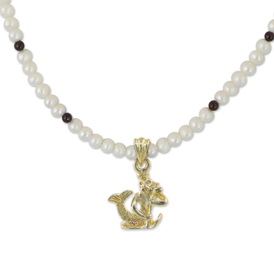 Gold Plated Cultured Pearl and Garnet Aquarius Necklace