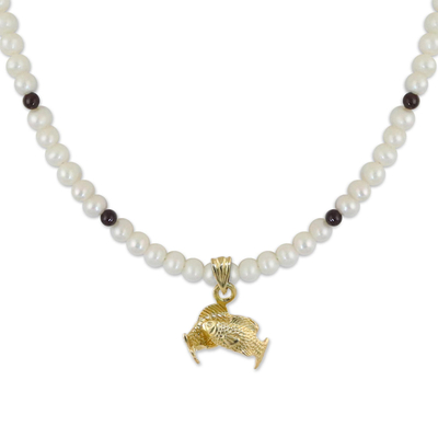 Gold Plated Cultured Pearl and Garnet Pisces Necklace